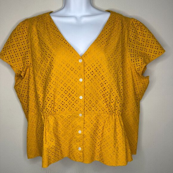 NWOT J Crew Eyelet Button Front Short Sleeves Peplum Yellow Top Size 3X - Picture 3 of 12